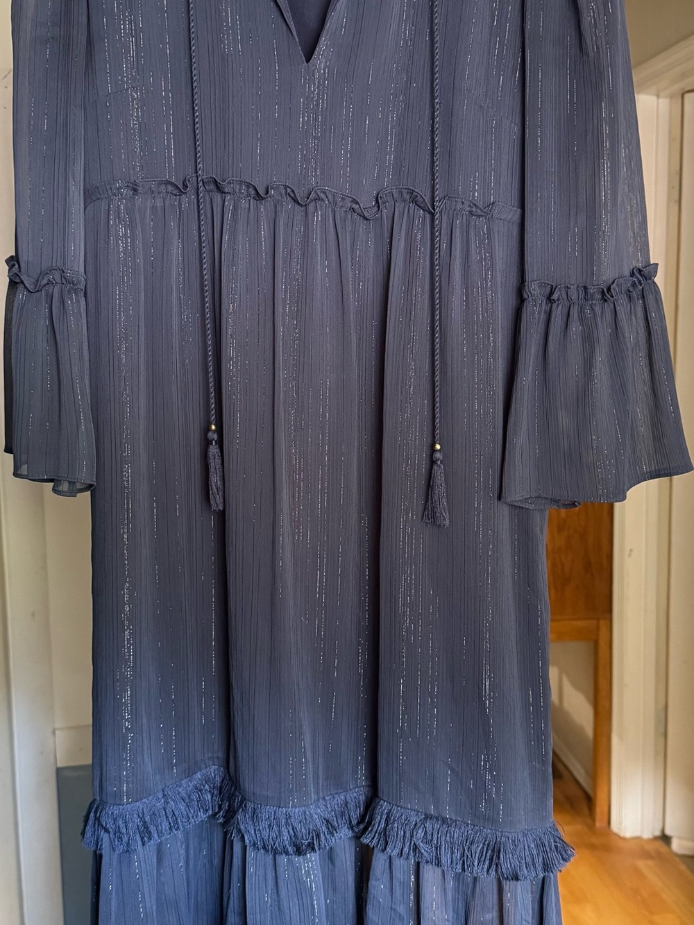 Rachel Zoe Navy Long-Sleeve Tassel Tiered Dress with Metallic Thread
